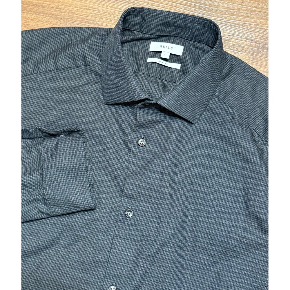 Reiss Slim Fit Grey Micro Houndstooth Button Down Shirt Mens Long Sleeve Sz L